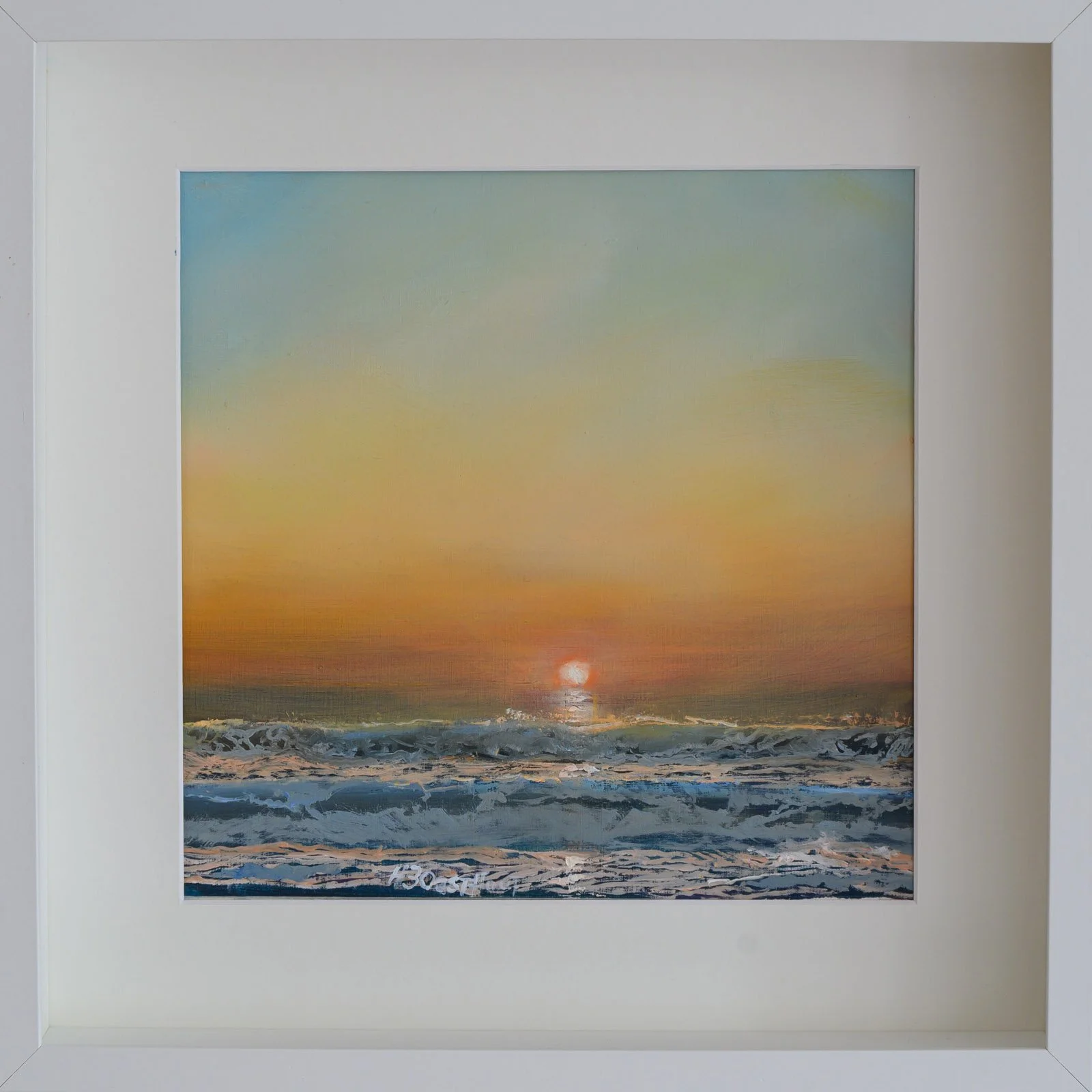 Avond aan zee - olieverf op papier  - 24 x 24 cm Buitenmaat lijst 37 x 37 cm - te koop
