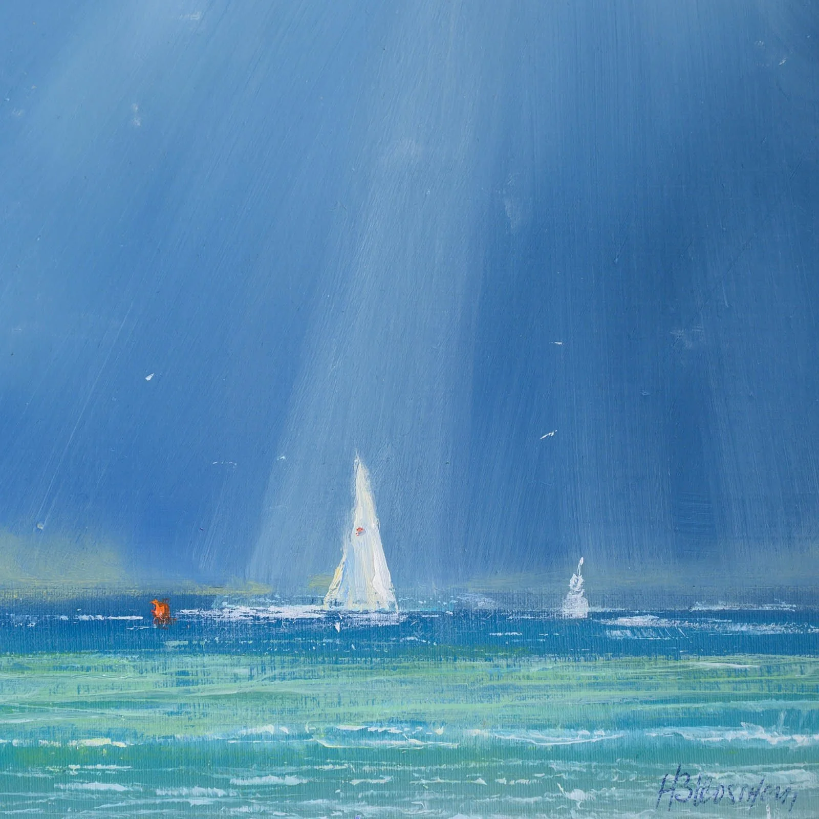 Dat gaat lekker skipper...!
Oliverf op papier - 14 x 14 cm - lijst buitenmaakt 27 x 27 cm.