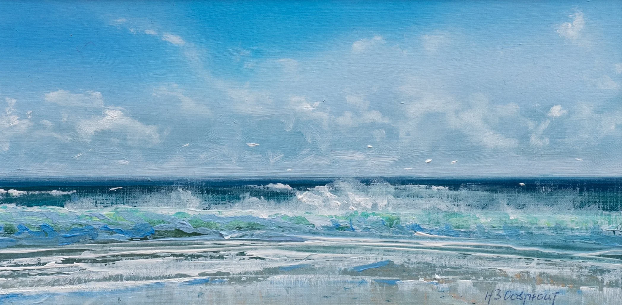 Vloedlijn aan de Noordzee - 

22 x 11 cm - olie op papier in witte lijst en passepartout van 23 x 32 cm.  Te koop.