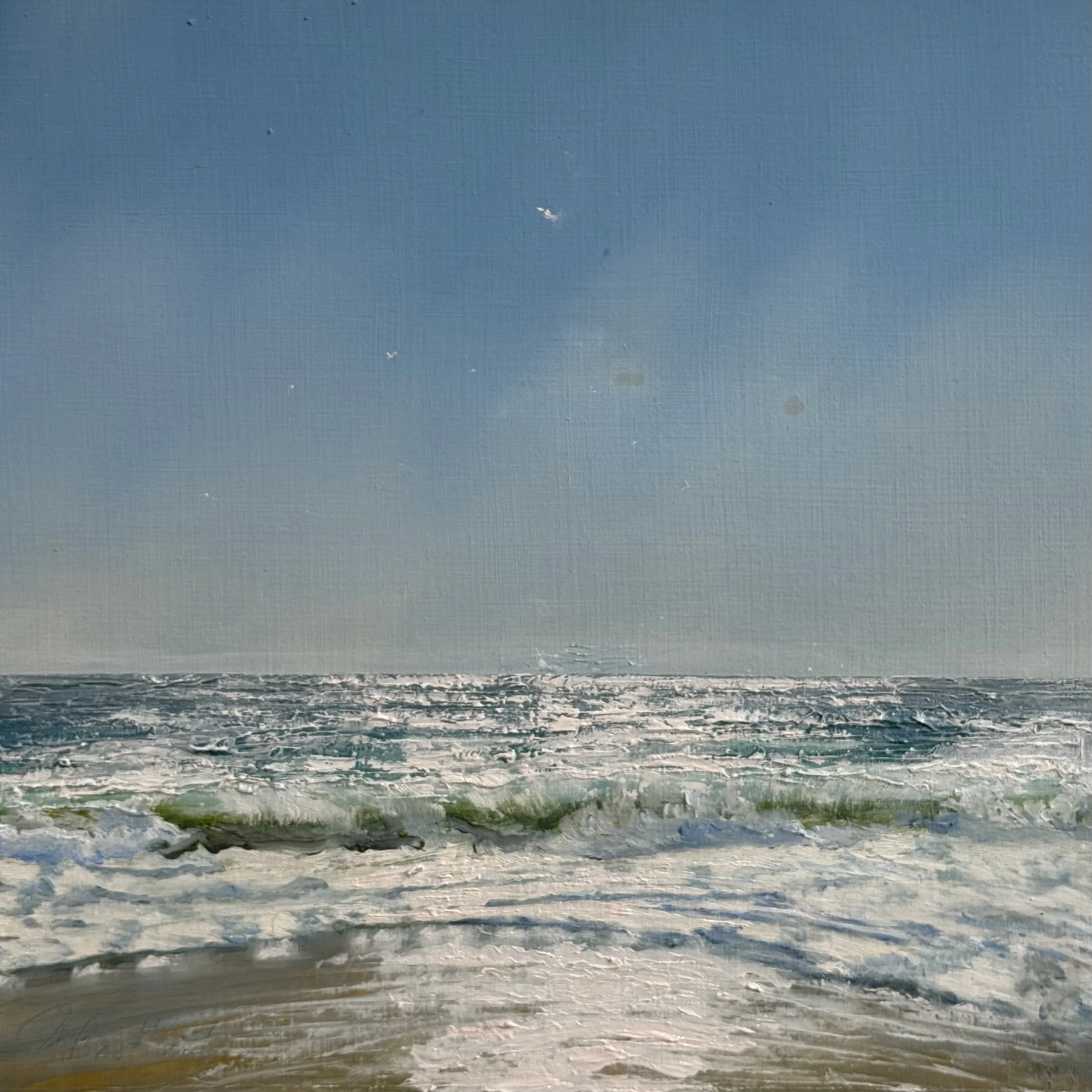 Branding bij tegenlicht -
ca 24 x 24 cm, olie op papier in witte lijst (en passepartout) van 37 x 37.