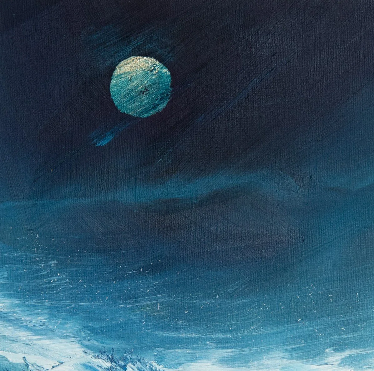 Oversteek bij volle maan - 

13 x 13 cm, olie op papier in witte lijst en passepartout van ca 27 x 27 cm. 