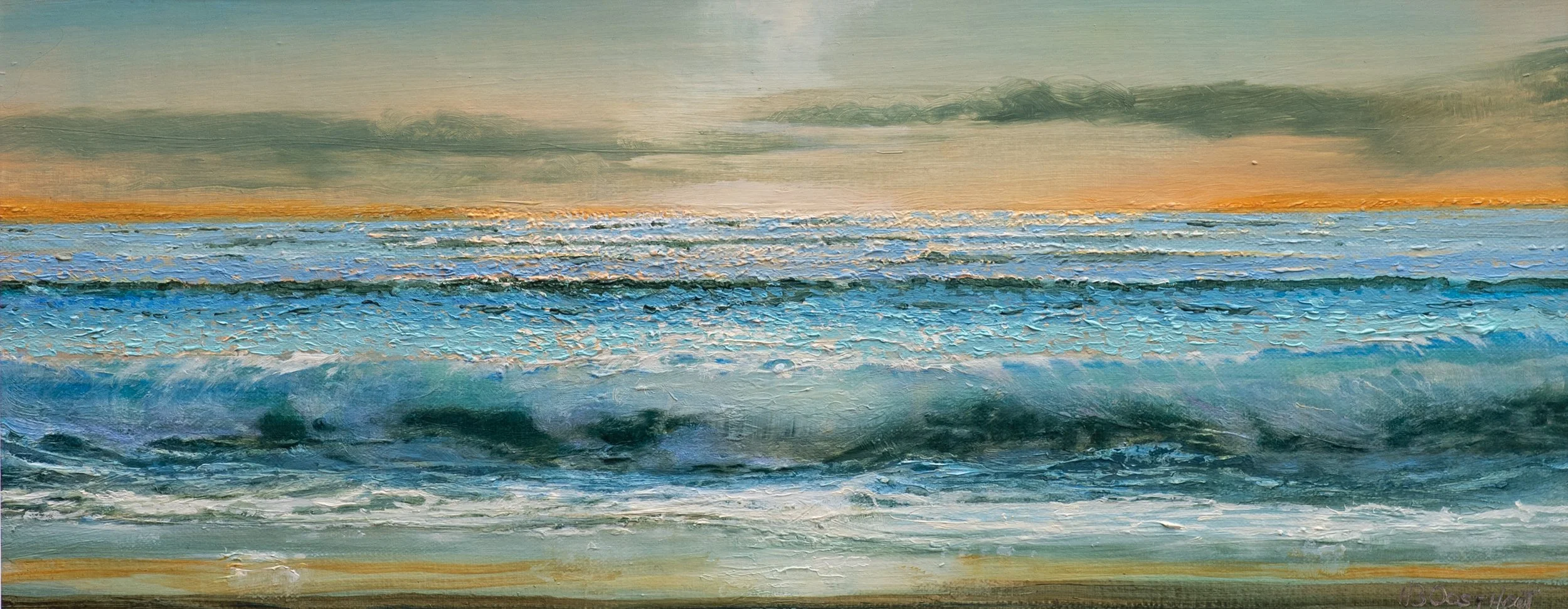 Zonsondergang aan zee 2 - 
ca. 18 x 45 cm , olie op papier in witte lijst