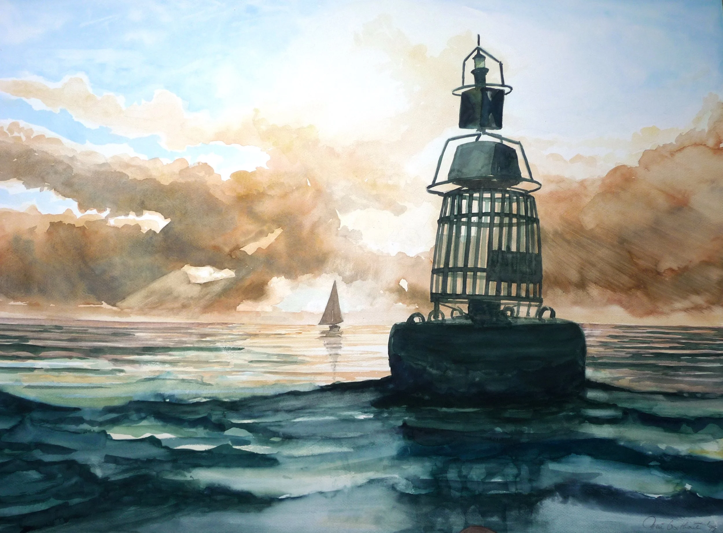 Aquarel van een boei op het IJsselmeer tijdens zonsondergang met een zeilboot 