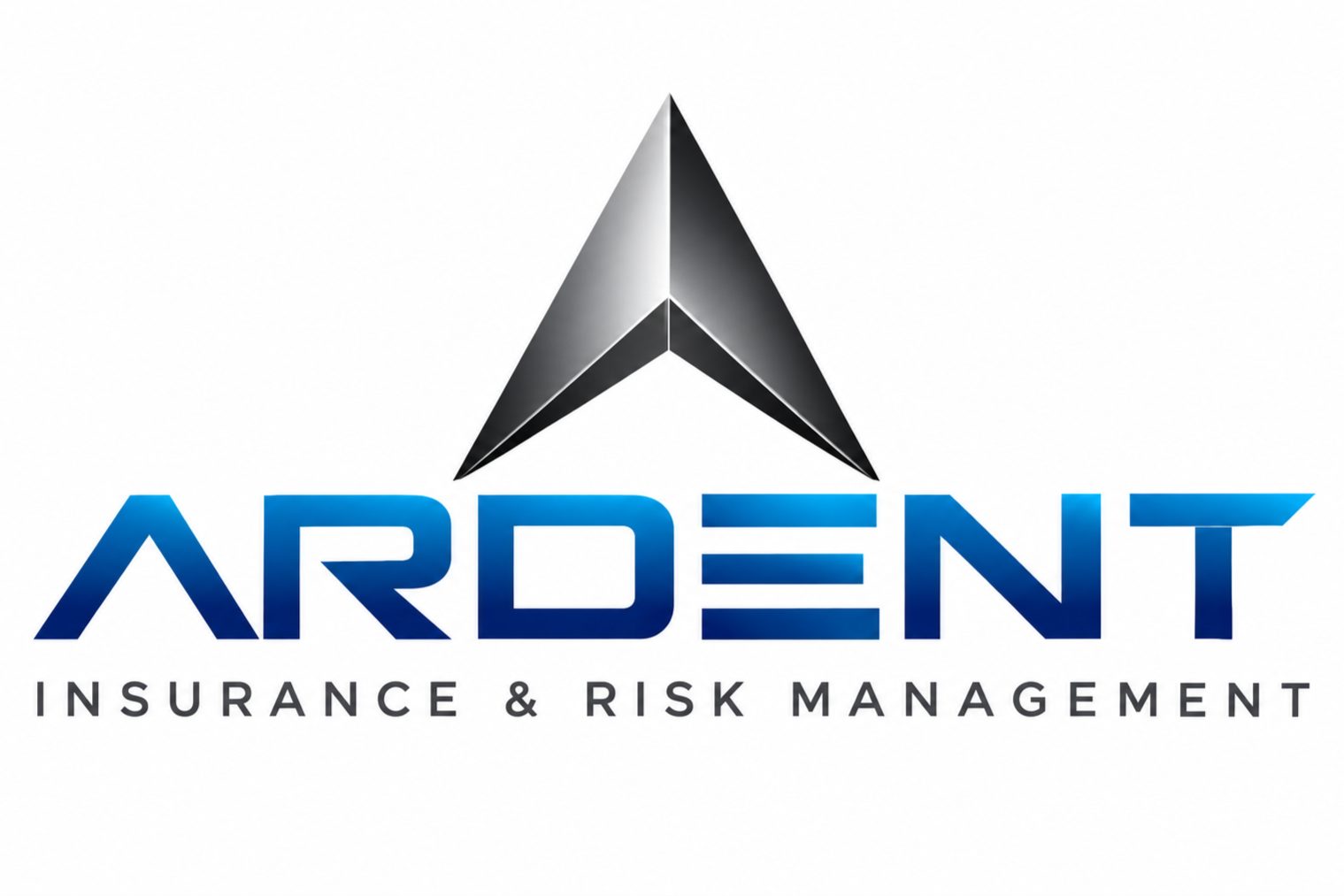 Logo for Ardent Insurance & Risk Management featuring a silver and black stylized arrowhead above the company name in blue, with black text below.