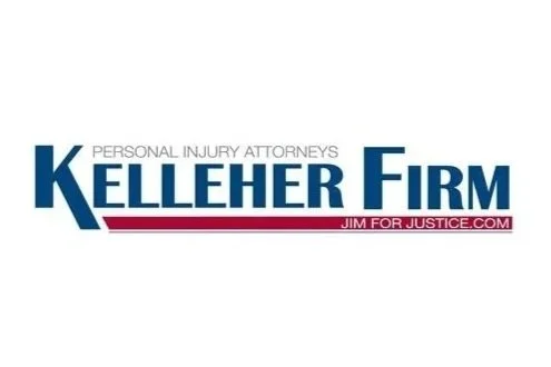 Logo for Kelleher Firm, personal injury attorneys, with slogan 'Jim for Justice' and website jimforjustice.com.