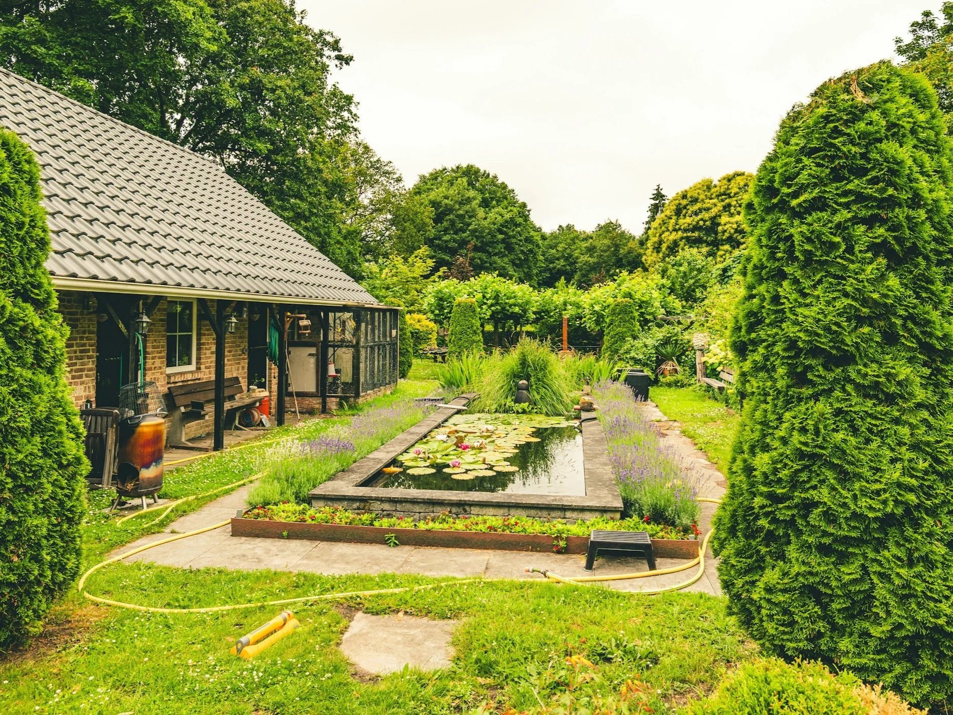 緑豊かな庭園の池と様々な植物。左側に木製の家具と家庭菜園の設備があり、周囲には木々や低木が生え、多彩な花が咲いている。
