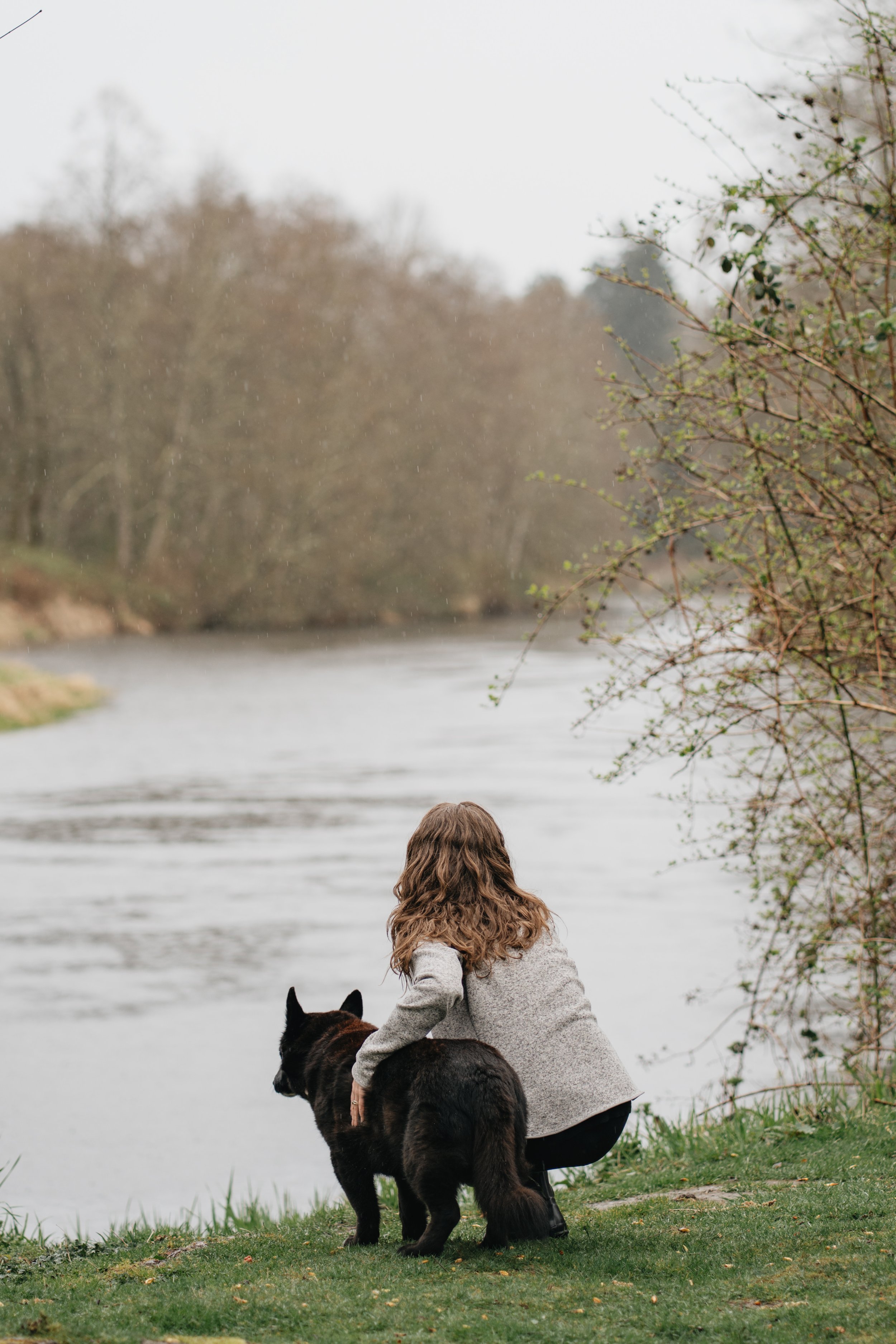 A person with brown hair wearing a gray coat is sitting on the ground near a black dog. They are outdoors by a river, with trees and branches in the background, and it is raining.