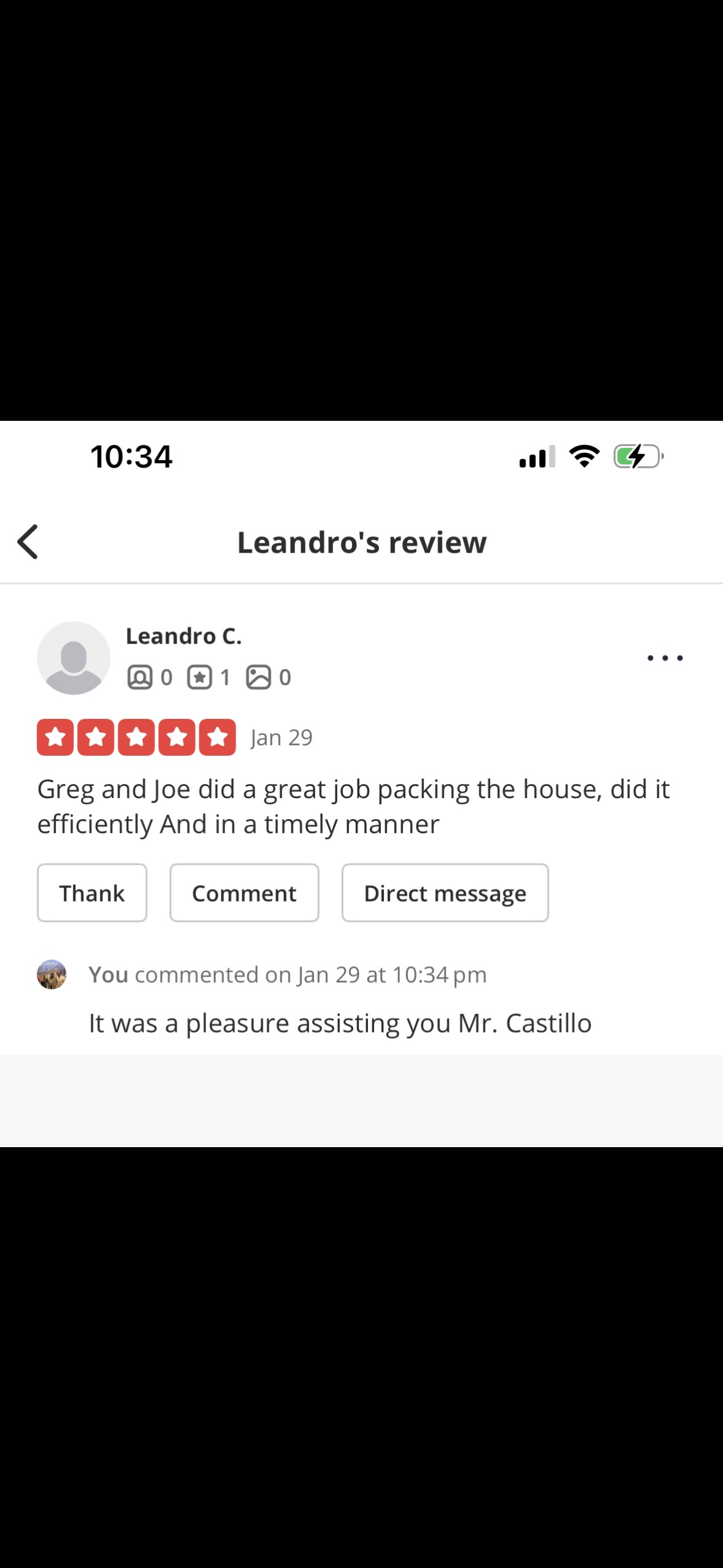 Screenshot of a mobile app review page titled 'Leandro's review' with a five-star rating by Leandro C., praising Greg and Joe for efficiently and timely house packing. The user comments that they enjoyed assisting Mr. Castillo.
