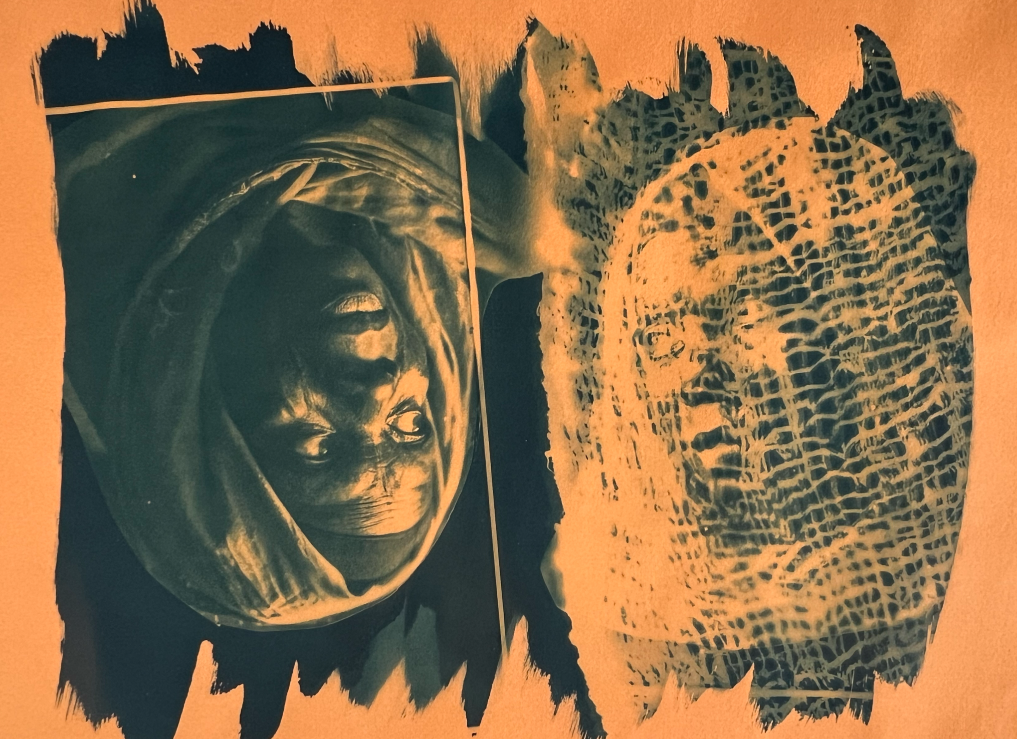 What if ...

The repeated portrait evokes multiple versions of the same self. While one fi gureappears suspended within a web, another is displaced from its natural orientation,suggesting identities continually negotiated between constraint and trans