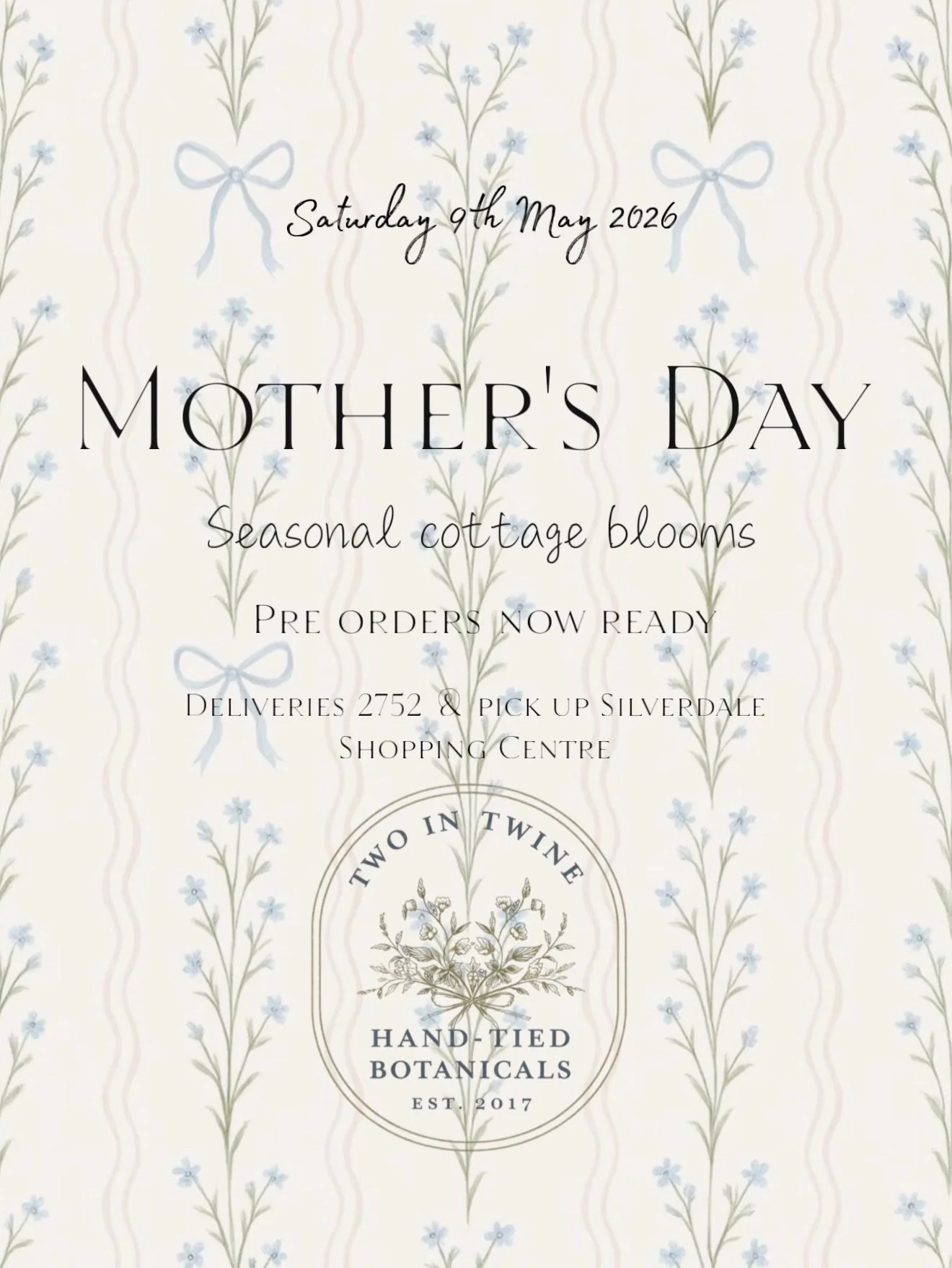 Mother&rsquo;s Day pre-orders are now live 🌸🤍

Our seasonal cottage flower bunches will be ready for pick-up Saturday 9th May, or enjoy free local delivery across postcode 2752.

We have three sizes available, each filled with delicate, elegant blo