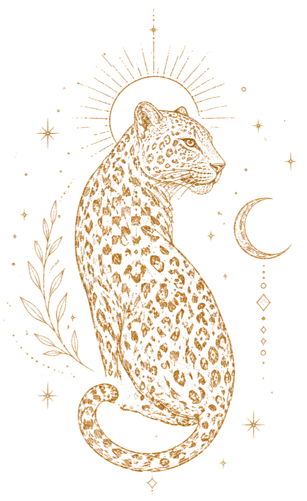 A golden, glittery illustration of a leopard with celestial elements including a halo, stars, a crescent moon, and decorative leaves, set against a black background.
