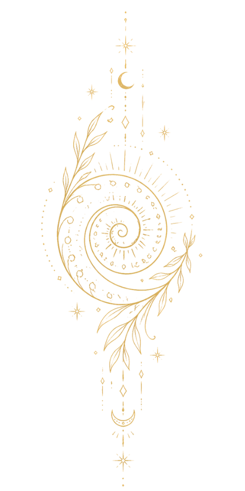 Golden intricate spiral design with celestial elements, stars, moon, and leafy accents on a black background.