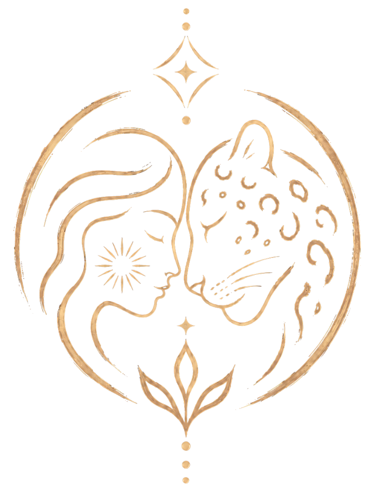 A stylized golden illustration of a woman and a leopard facing each other, surrounded by decorative stars and abstract floral elements on a black background.