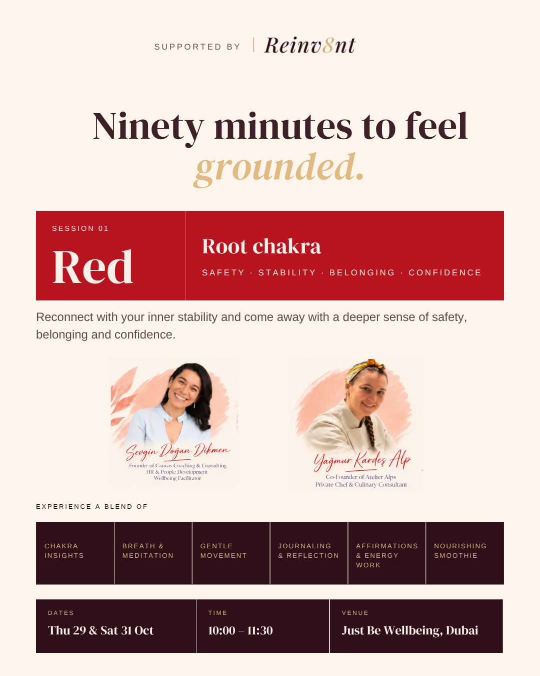 Wellness event flyer for “Ninety minutes to feel grounded,” featuring a red root chakra session, facilitators, activities, and Dubai event details.