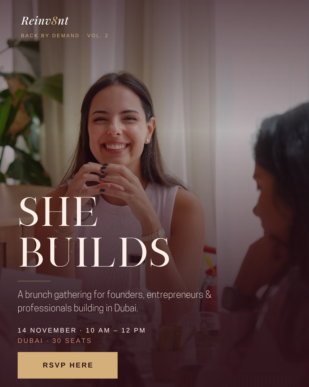 She Builds brunch event flyer featuring two women networking, with event details for founders and entrepreneurs in Dubai on November 14.