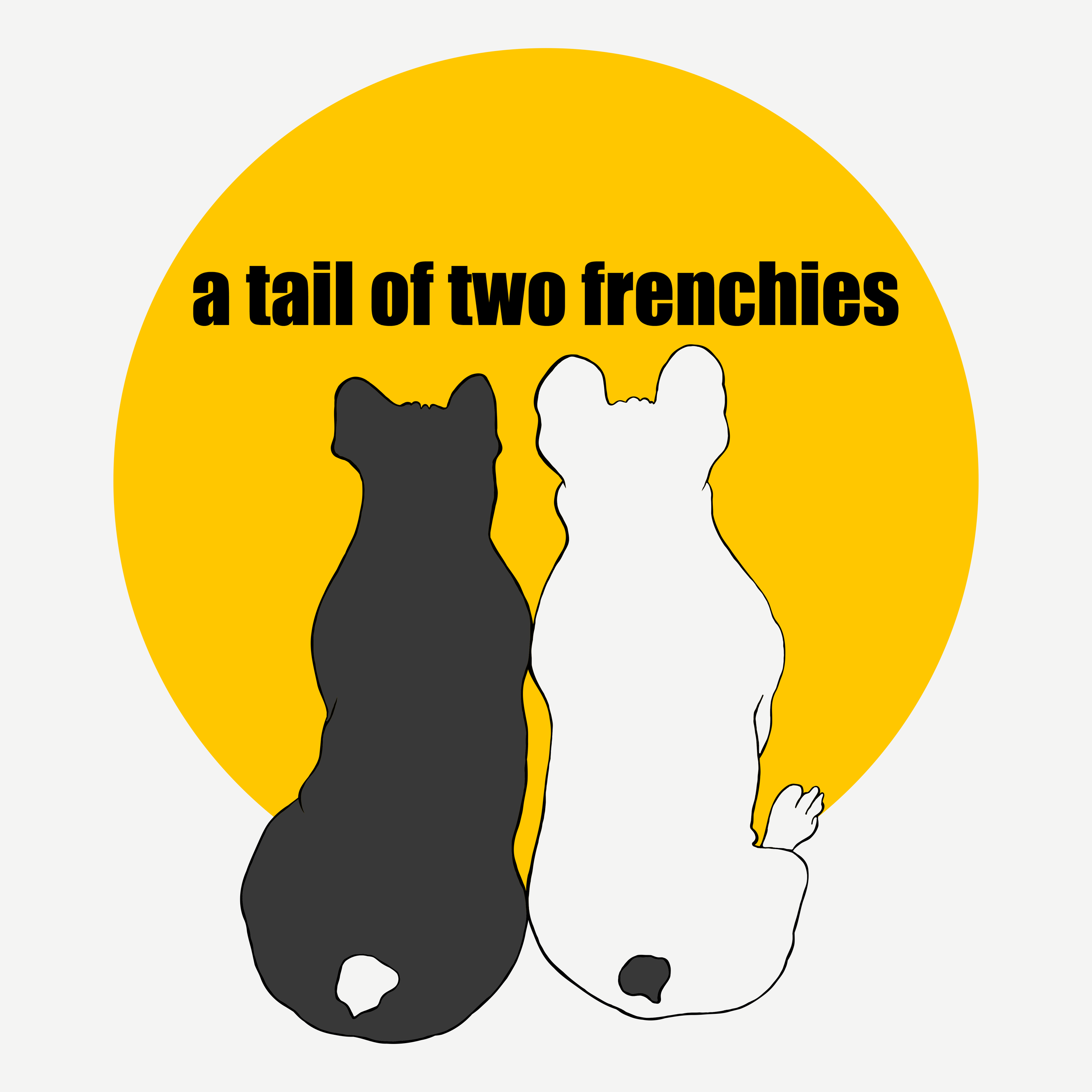 Two Frenchies outline illustrations, one black and one white, placed side by side on a yellow circular background.