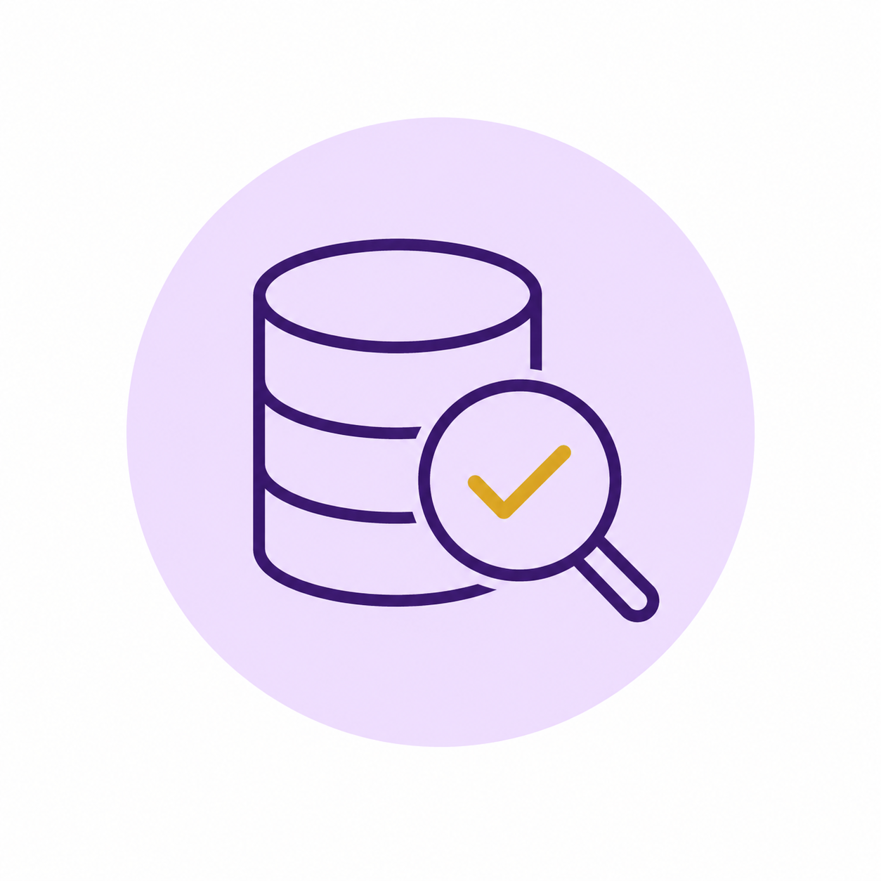 Icon of a database stack with a magnifying glass showing a checkmark, representing database verification or validation.