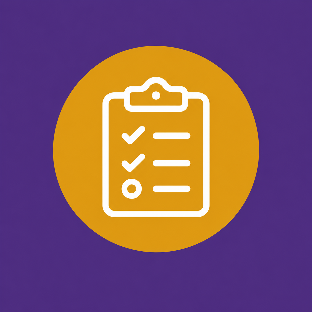 Illustration of a clipboard with a checklist, showing three checked items and one unchecked item, within a gold circle on a purple background.