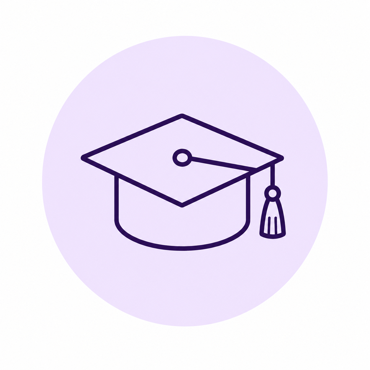 Outline of a graduation cap with a tassel inside a purple circle.