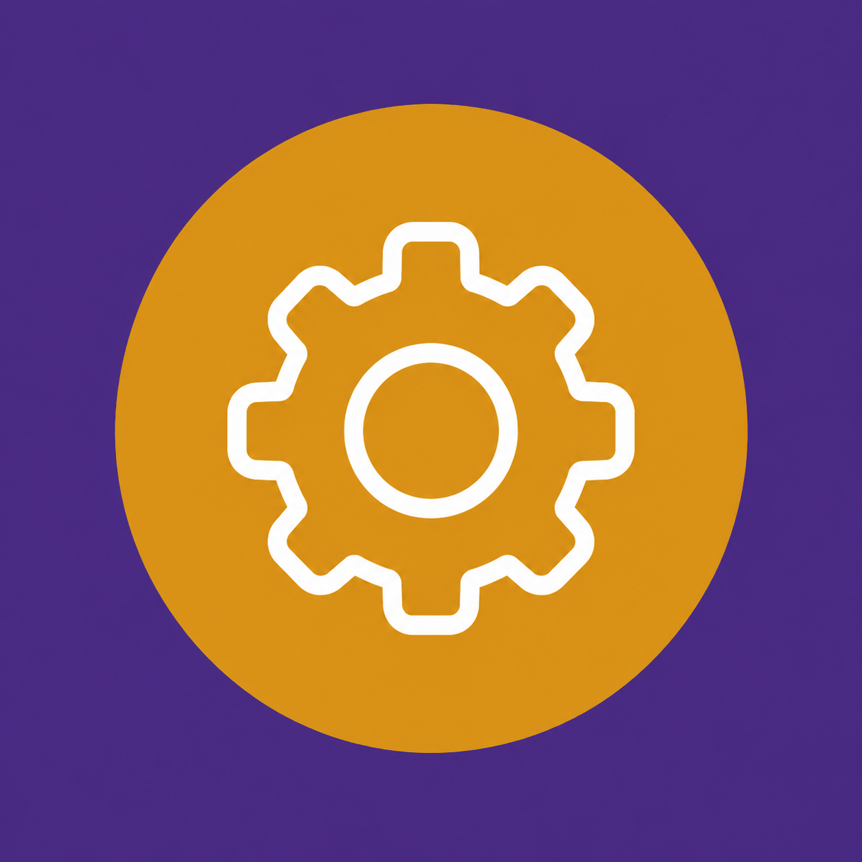 Icon of a white gear on an orange circle background with a purple backdrop.