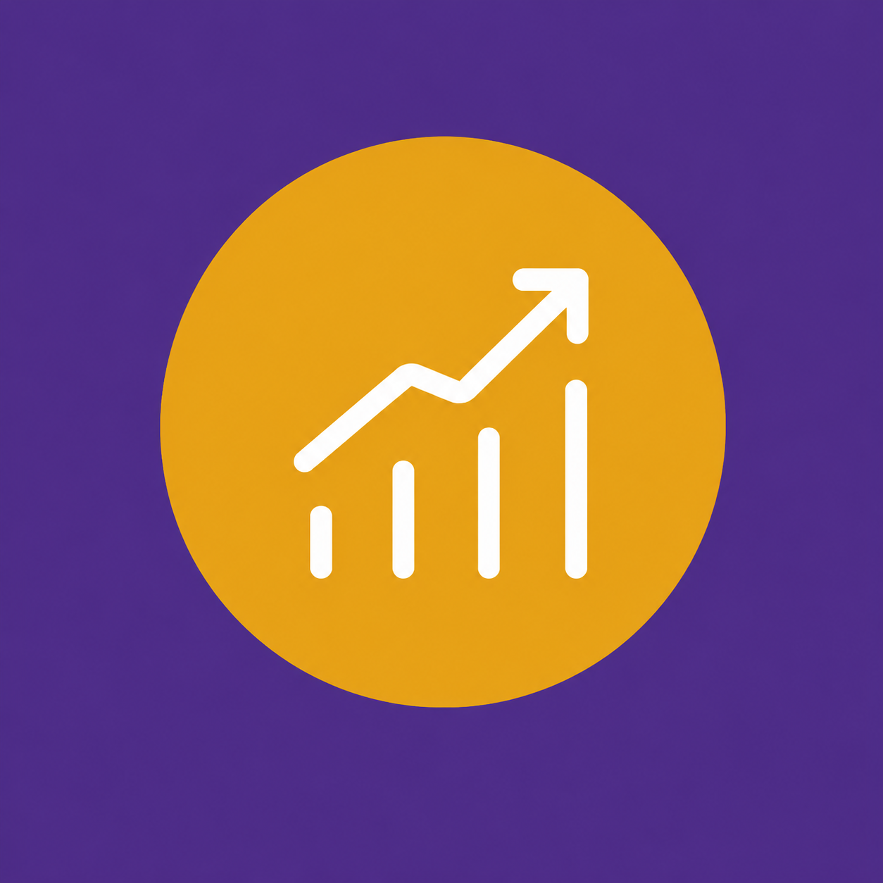 Yellow circle with a white upward trending bar graph and arrow on a purple background.