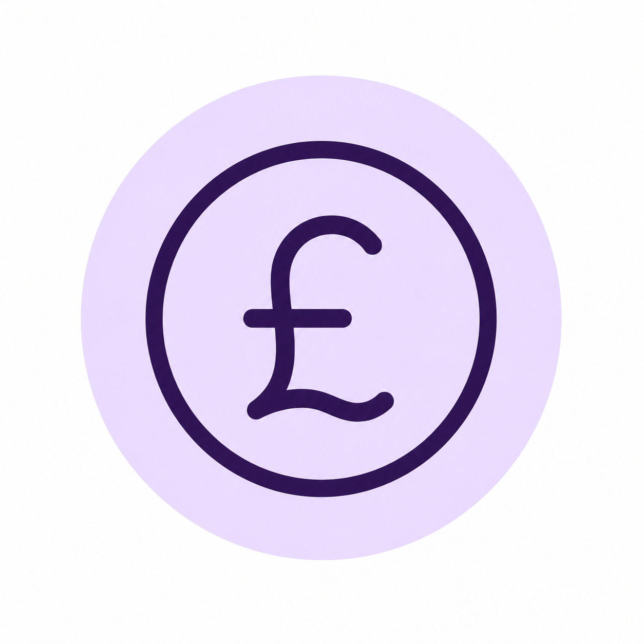 Purple currency symbol with a pound sign (£) inside a circle on a light purple background.