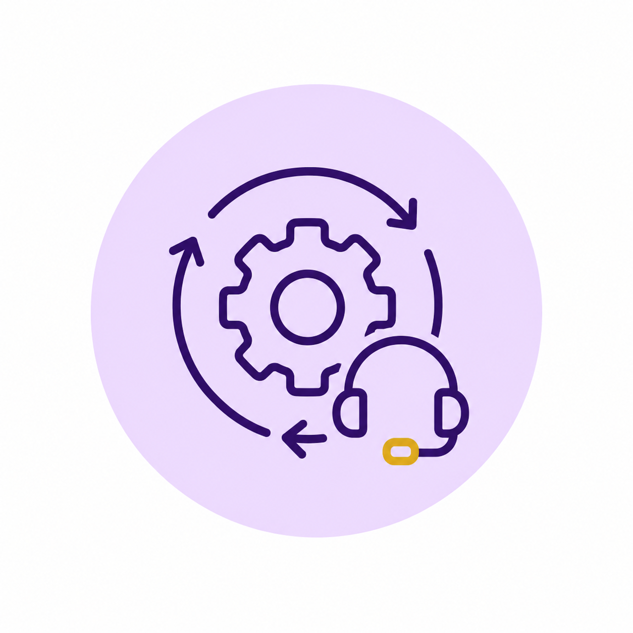 Icon representing automated process or technical support with gear, circular arrows, and headset