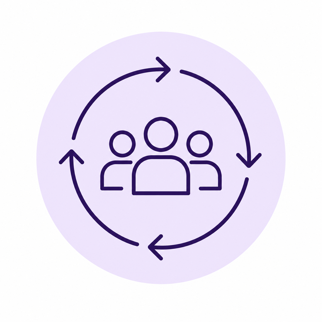 Icon of three people surrounding a circle with arrows indicating a cycle or process.