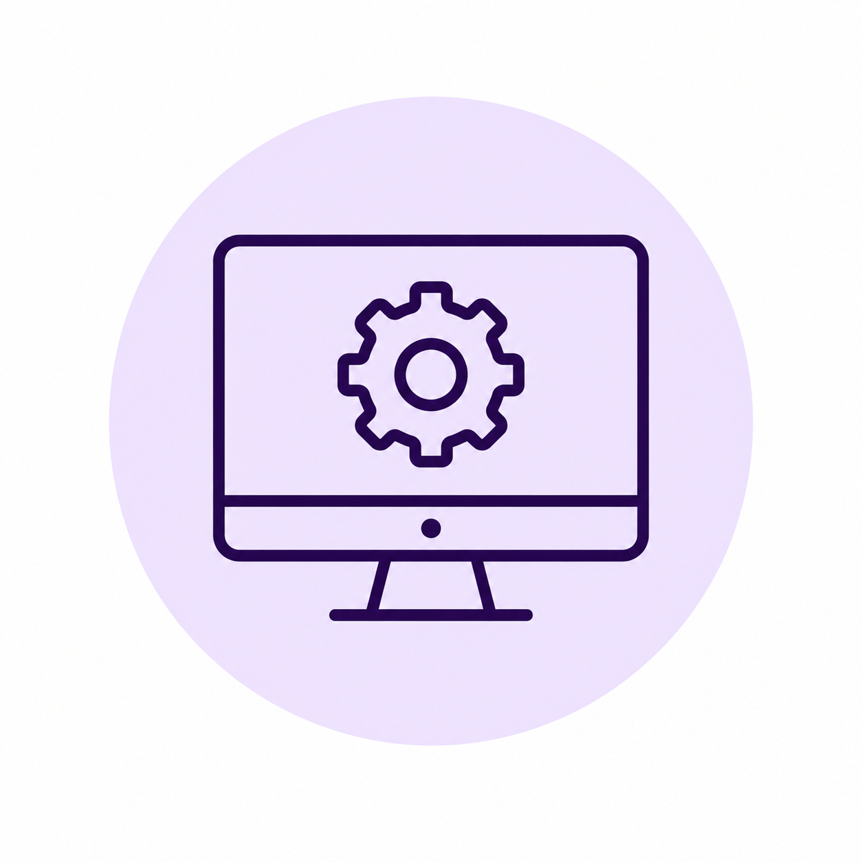 Line drawing of a computer monitor with a gear icon in the center, surrounded by a faint purple circle background.