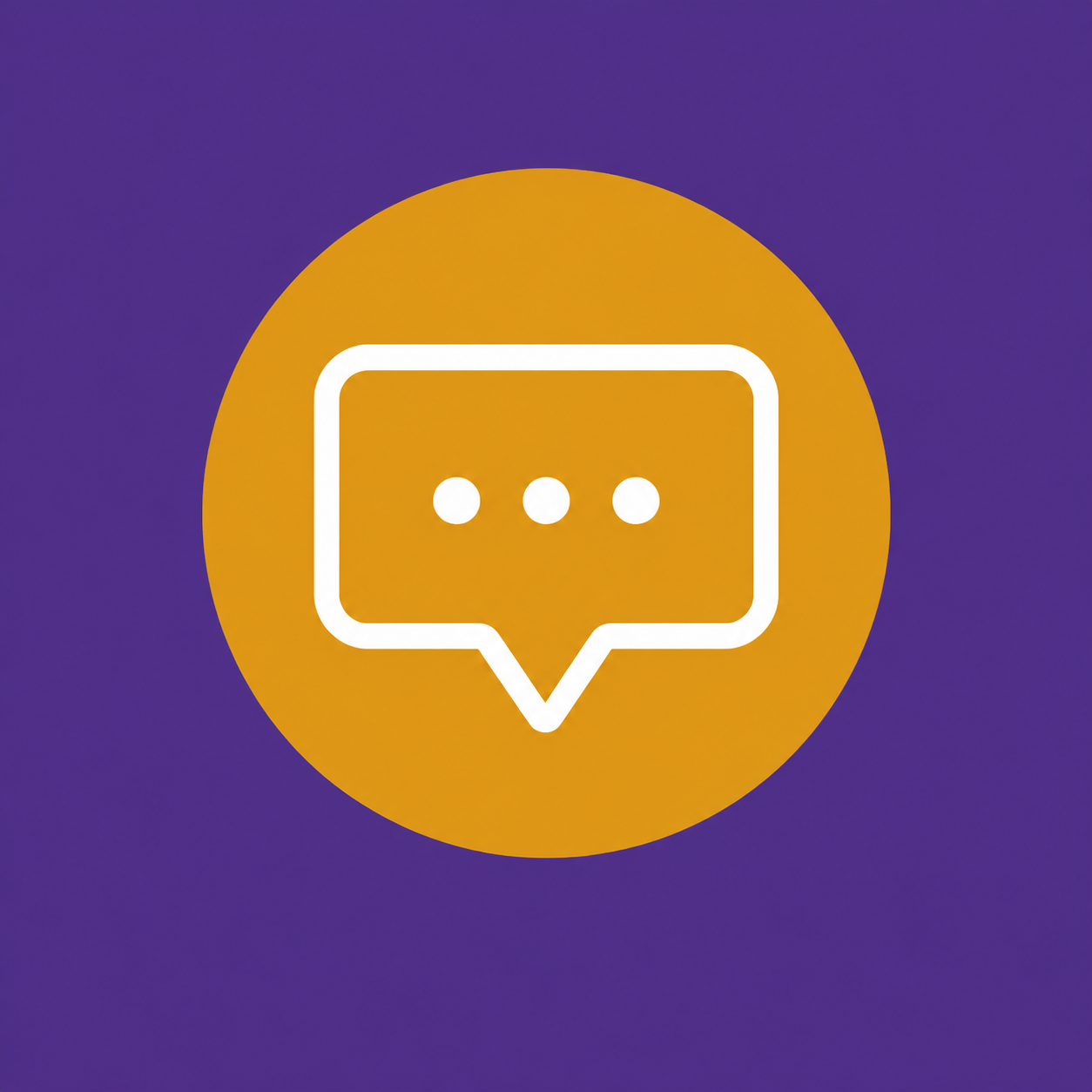 A white speech bubble icon with three dots inside, centered on a purple background with a large orange circle behind it.