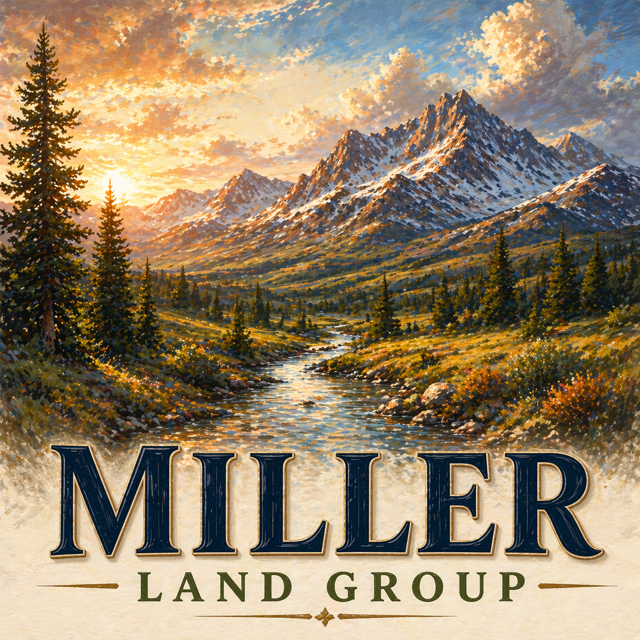 Painting of a mountain landscape at sunset with snow-capped peaks, a flowing river, and evergreen trees, with the words "Miller Land Group" at the bottom.