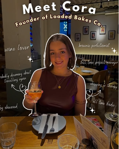 Young girl sitting at a restaurant table holding a glass of wine, surrounded by handwritten notes about her interests and personality traits.