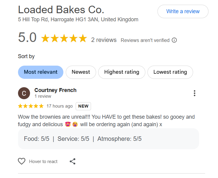 Google review for Loaded Bakes Co. showing a 5-star rating, one review from Courtney French praising the brownies, with overall service, food, and atmosphere rated 5 out of 5.