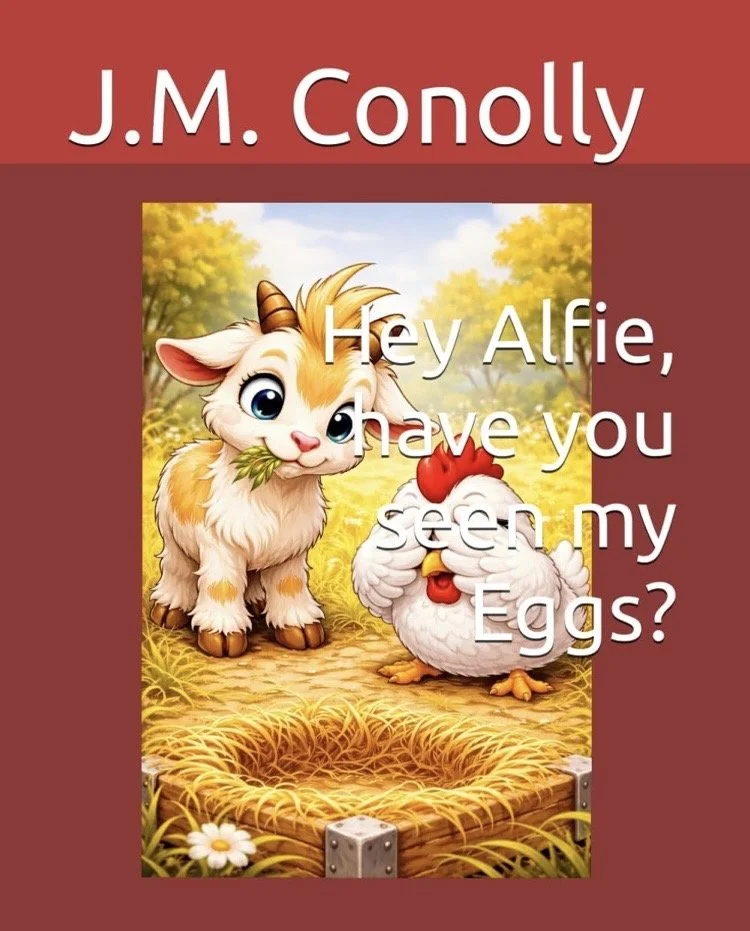 Colorful illustration of a cute baby goat and a chicken standing next to a nest in a sunny outdoor setting with trees. Text overlay reads: "Hey Alfie, have you seen my Eggs?"