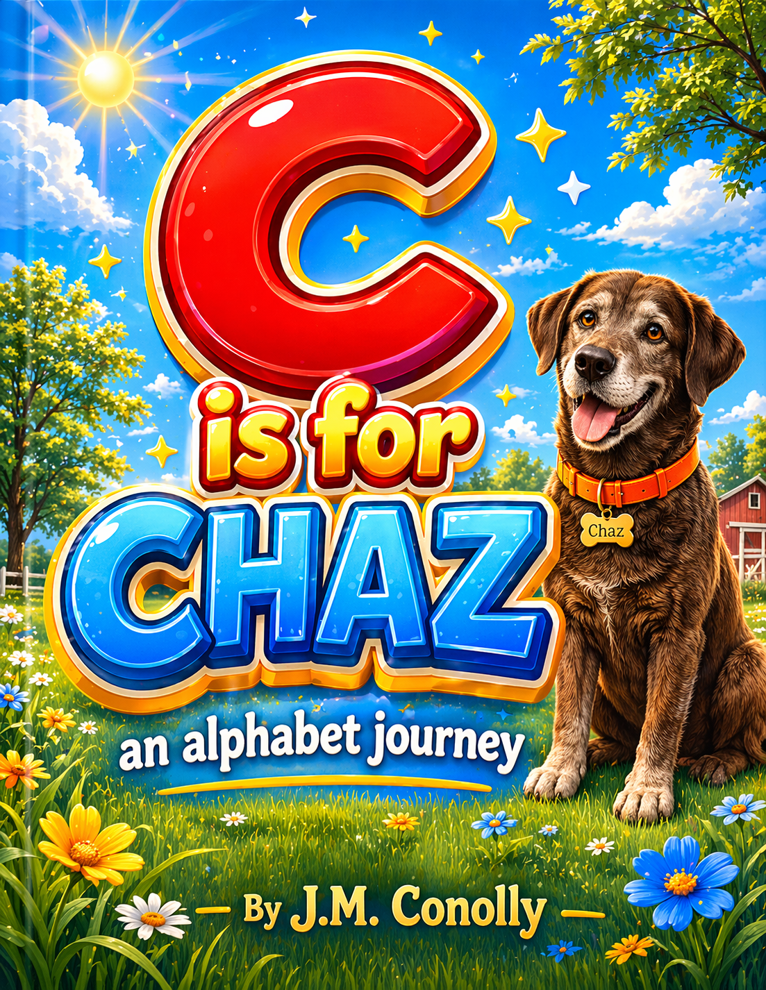 Book cover titled "C is for Chaz: an alphabet journey" by J.M. Conolly showing a sunny day with a blue sky, sun, trees, colorful flowers, and a happy brown dog named Chaz wearing an orange collar.