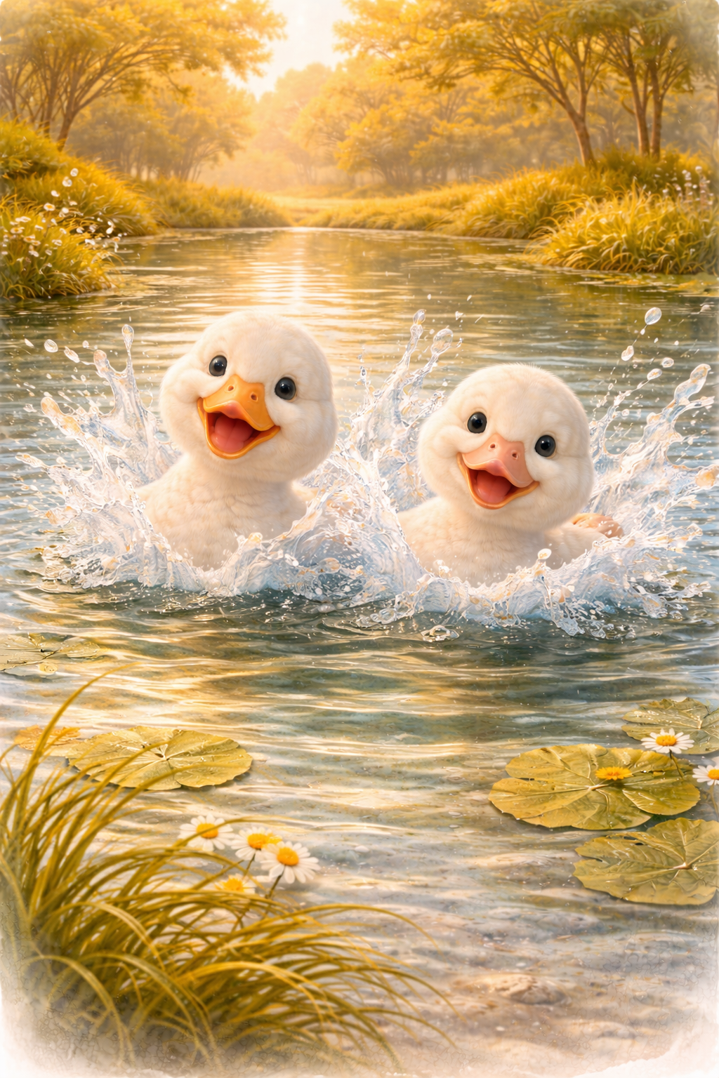 Two cute ducklings swimming and splashing in a peaceful pond with lily pads, surrounded by trees with golden autumn leaves.