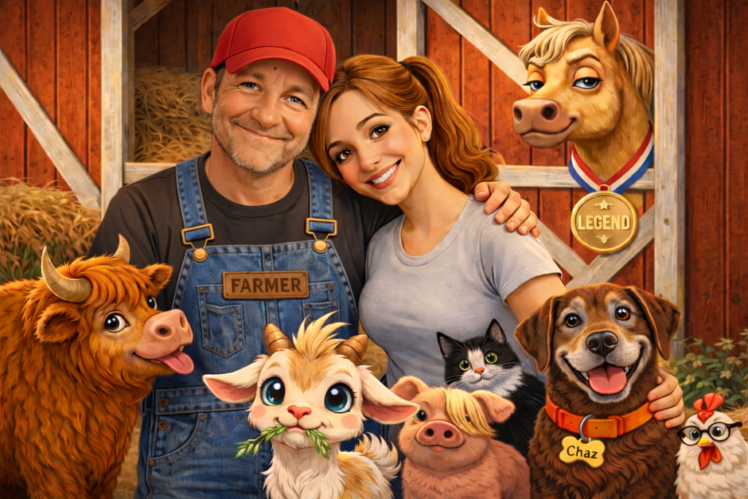 A man and a woman smiling and embracing each other in a barn with farm animals and cartoon-like animal characters around them.