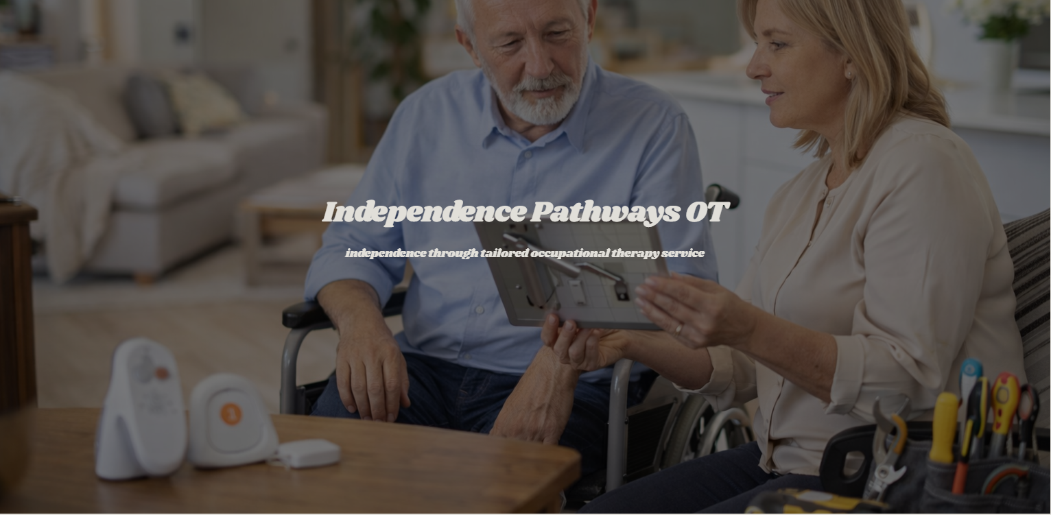 Image of man in wheelchair being shown a tablet by a lady. Wording over image says Independence Pathways OT independence through tailored occupational therapy service