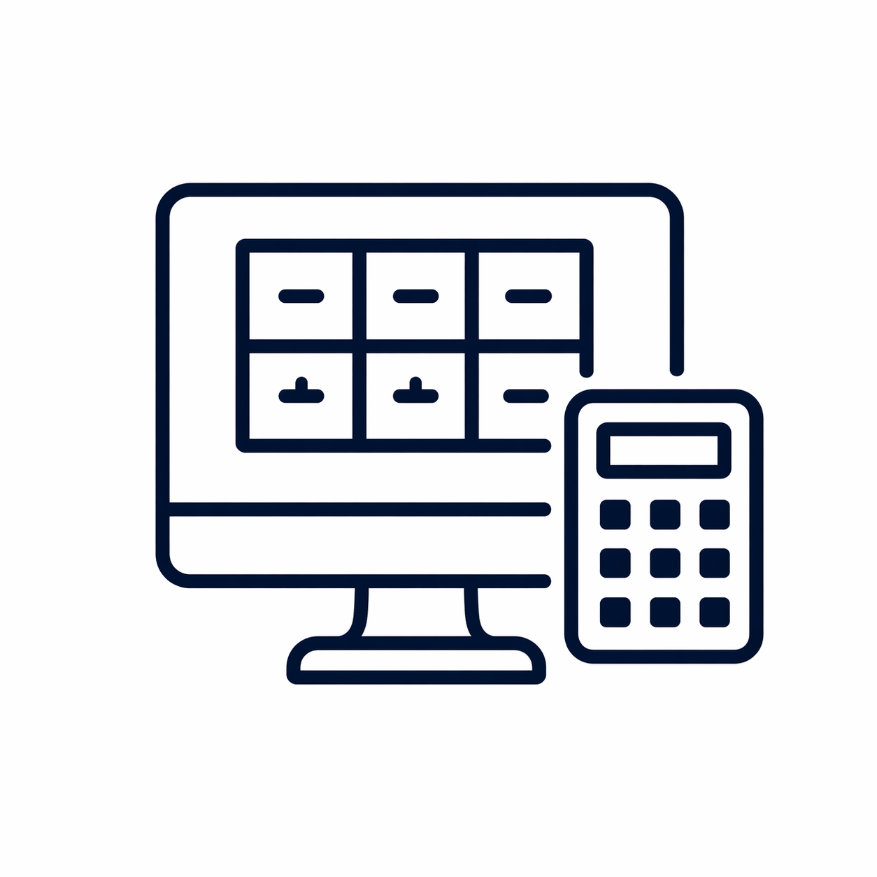 Line drawing of a computer monitor displaying a grid of six pens, with a calculator placed in front of the monitor.