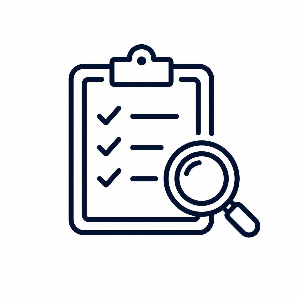 Line drawing of a clipboard with a checklist and a magnifying glass.