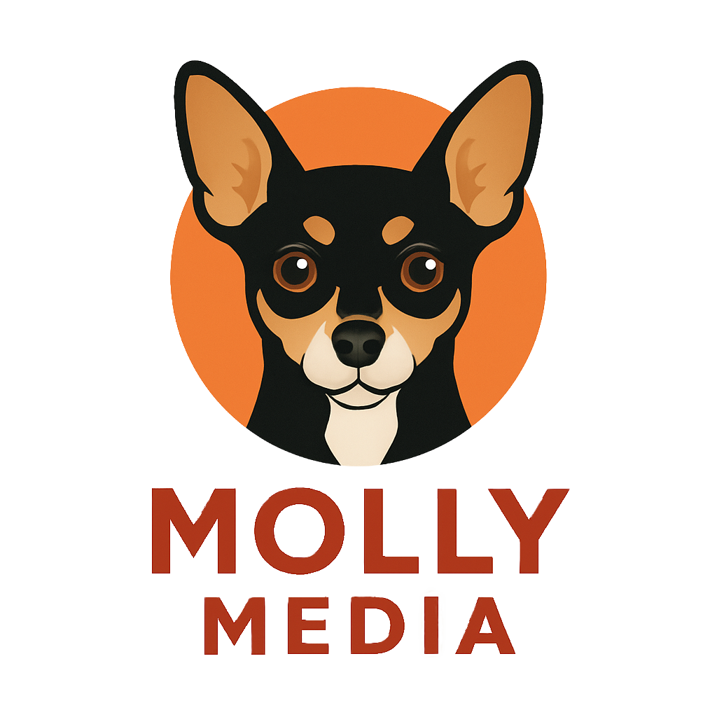 Logo for Molly Media featuring a cartoon illustration of a small dog with large ears and a black, tan, and white coat, set against an orange circular background.