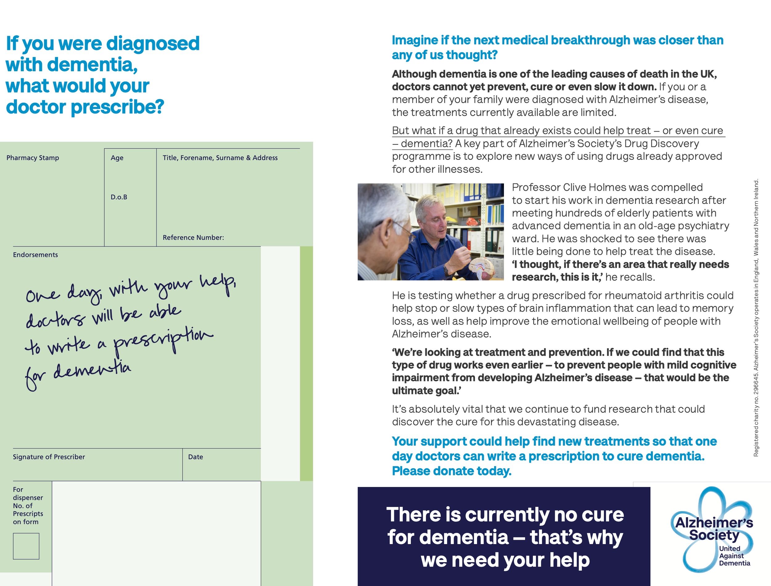 A paper insert with information about Alzheimer's disease and dementia, including a photo of a doctor showing a brain model to a patient, and donation call to action from Alzheimer's Society.