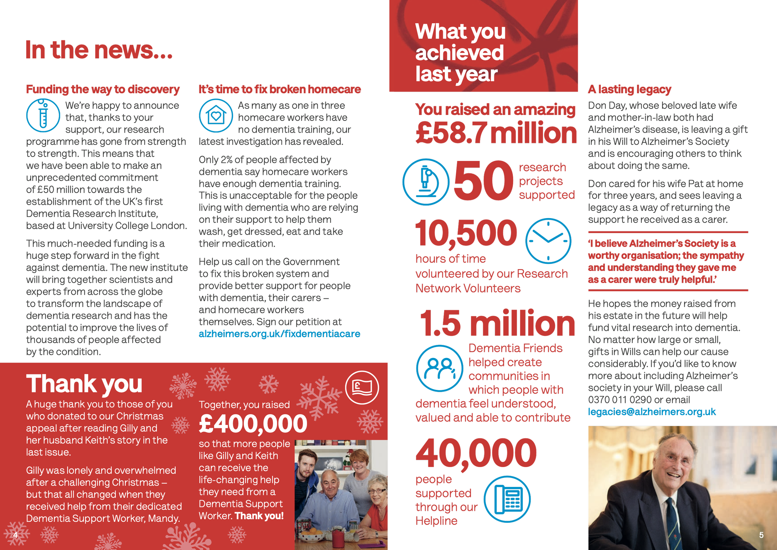 A Christmas-themed infographic expressing gratitude for donations to an Alzheimer's Society campaign. The infographic highlights achievements such as raising £58.7 million, supporting 50 research projects, and 10,500 hours of volunteer work. It features a red and black color scheme with snowflake graphics and includes photos of people, including a man in a suit smiling. The message thanks donors and mentions the impact of their support.