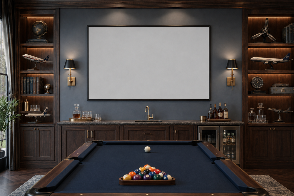 Straight-on aviation man cave with pool table and wet bar