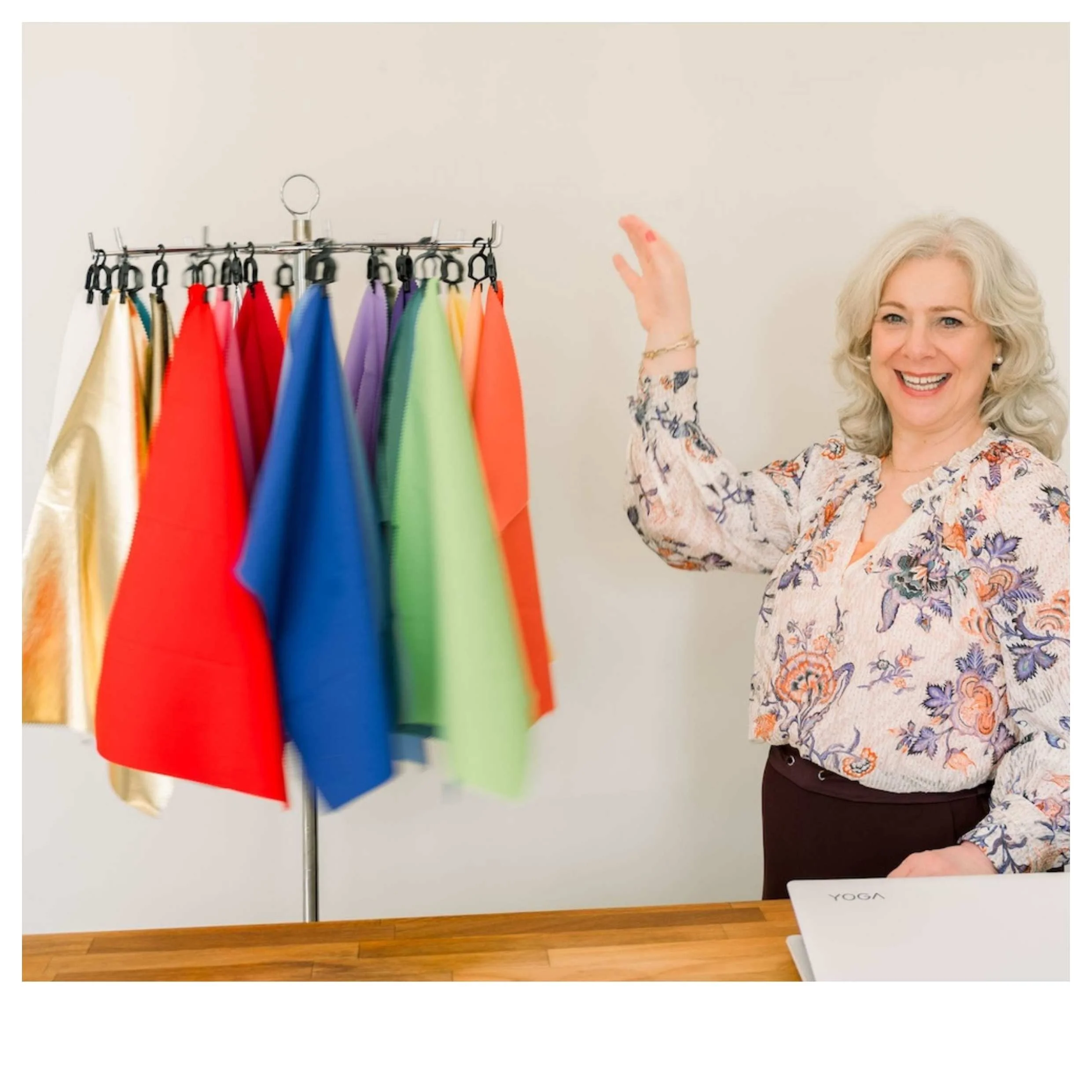 Colour analysis scarves arranged on a rail for consultations