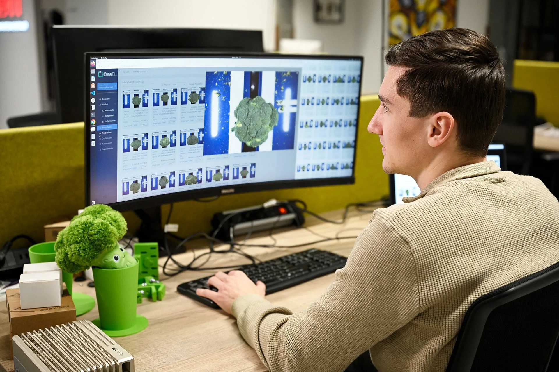 A man sitting at a desk using a computer to review images of a broccoli-shaped object.