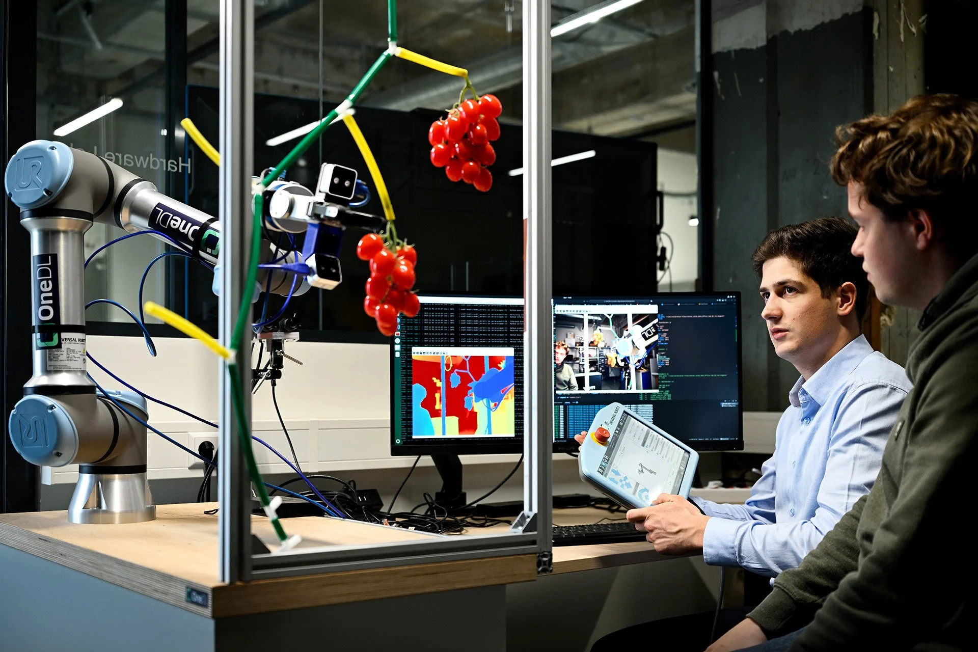 Two young men are working in a laboratory or research facility. One is holding a tablet, and the other is looking at a computer monitor that displays scientific data and images. There is a robotic arm and some red tomatoes hanging from a structure nearby, with colorful tubes and wires connected to the robotic arm. The workspace is enclosed with clear panels.