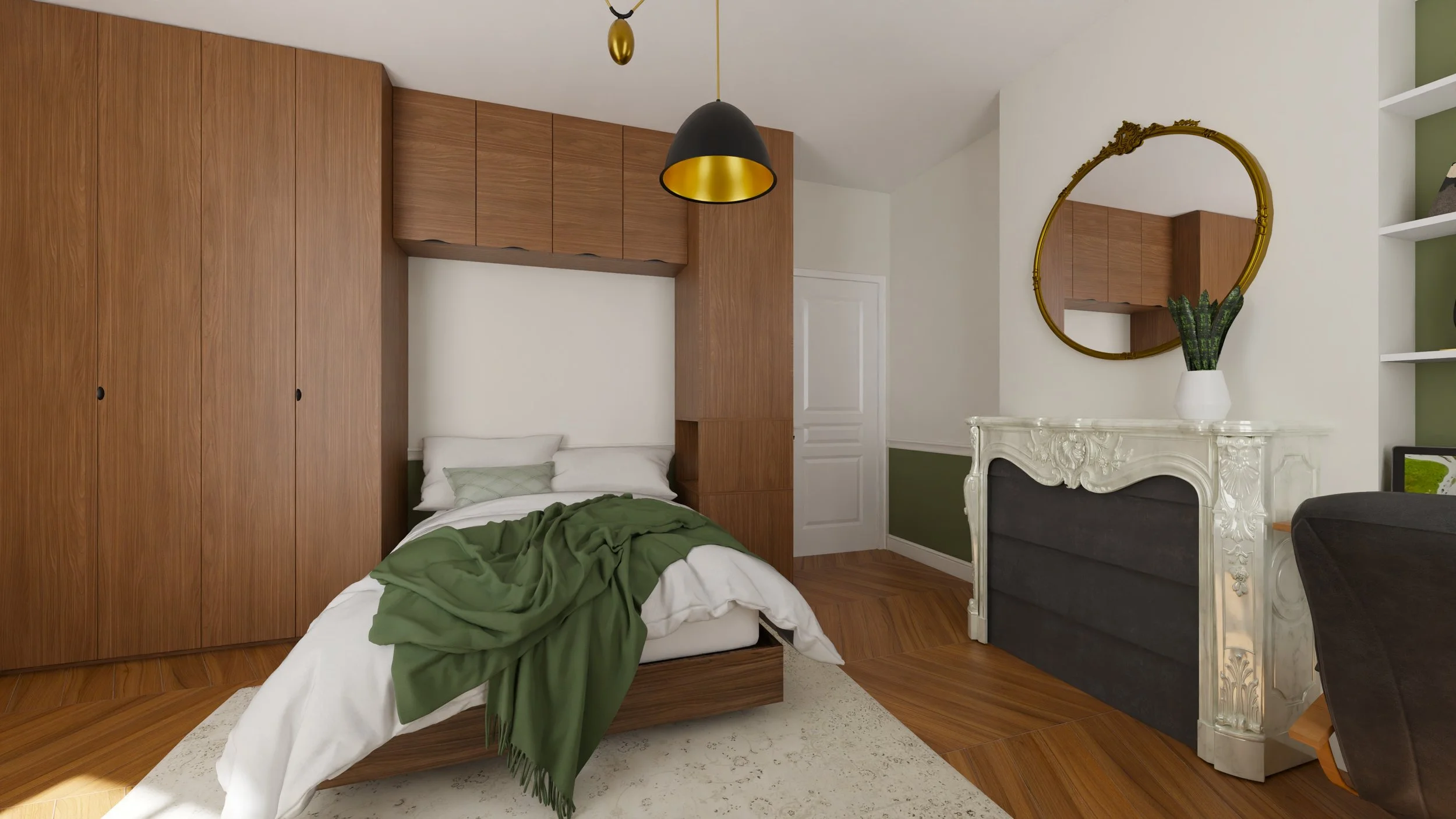 Une chambre avec un lit en désordre, un pont de lit en bois, un miroir rond avec une monture dorée, une cheminée blanche ornementale avec une plante en pot vert sur la cheminée, et un luminaire noir et doré au plafond.