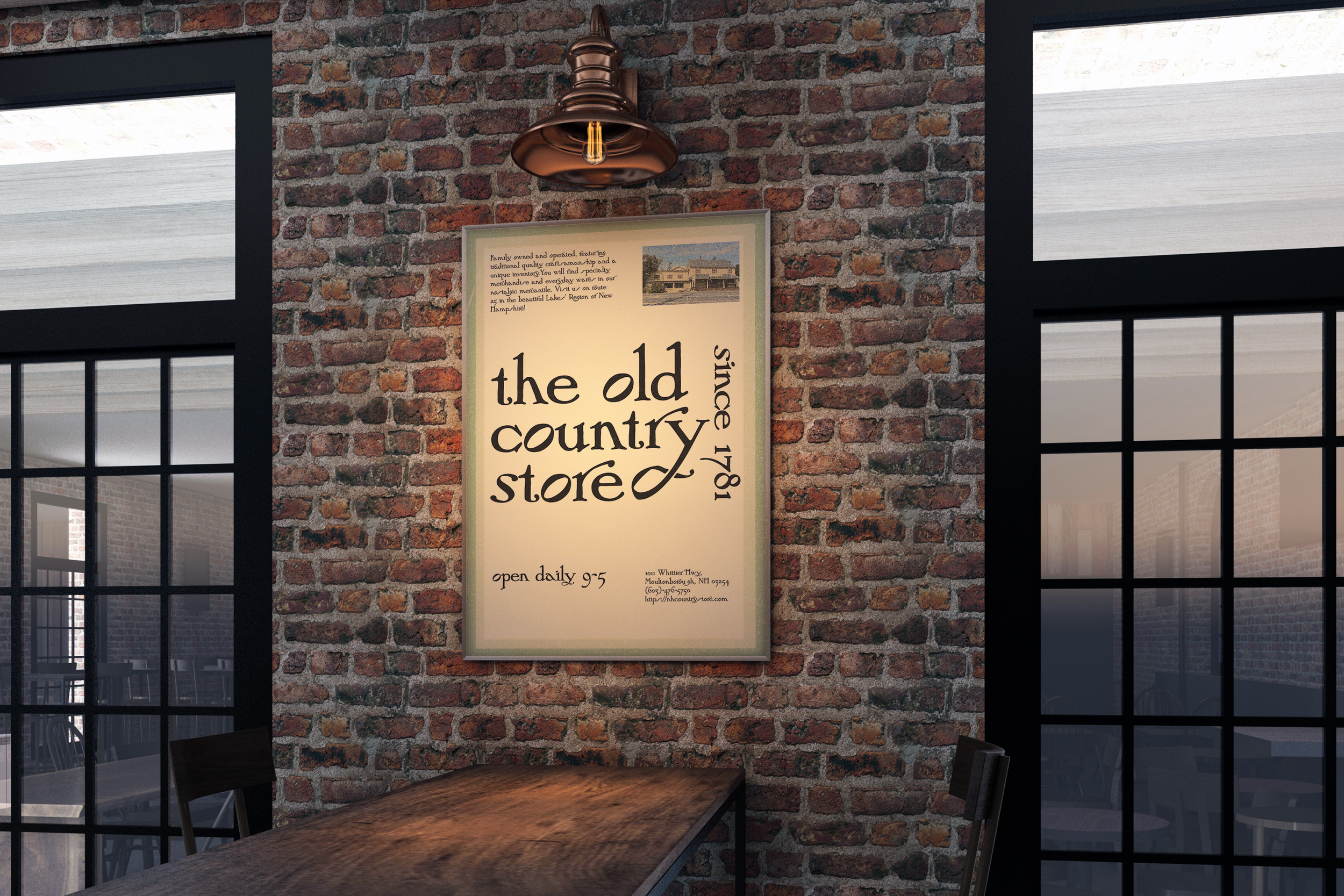 Old Country Store poster hanging on a brick wall in a cafe.