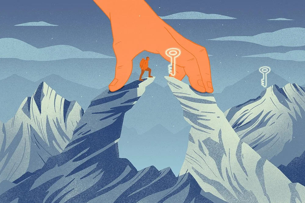 illustration of a tourist on a mountain, a hand is connecting two peaks for easy crossing